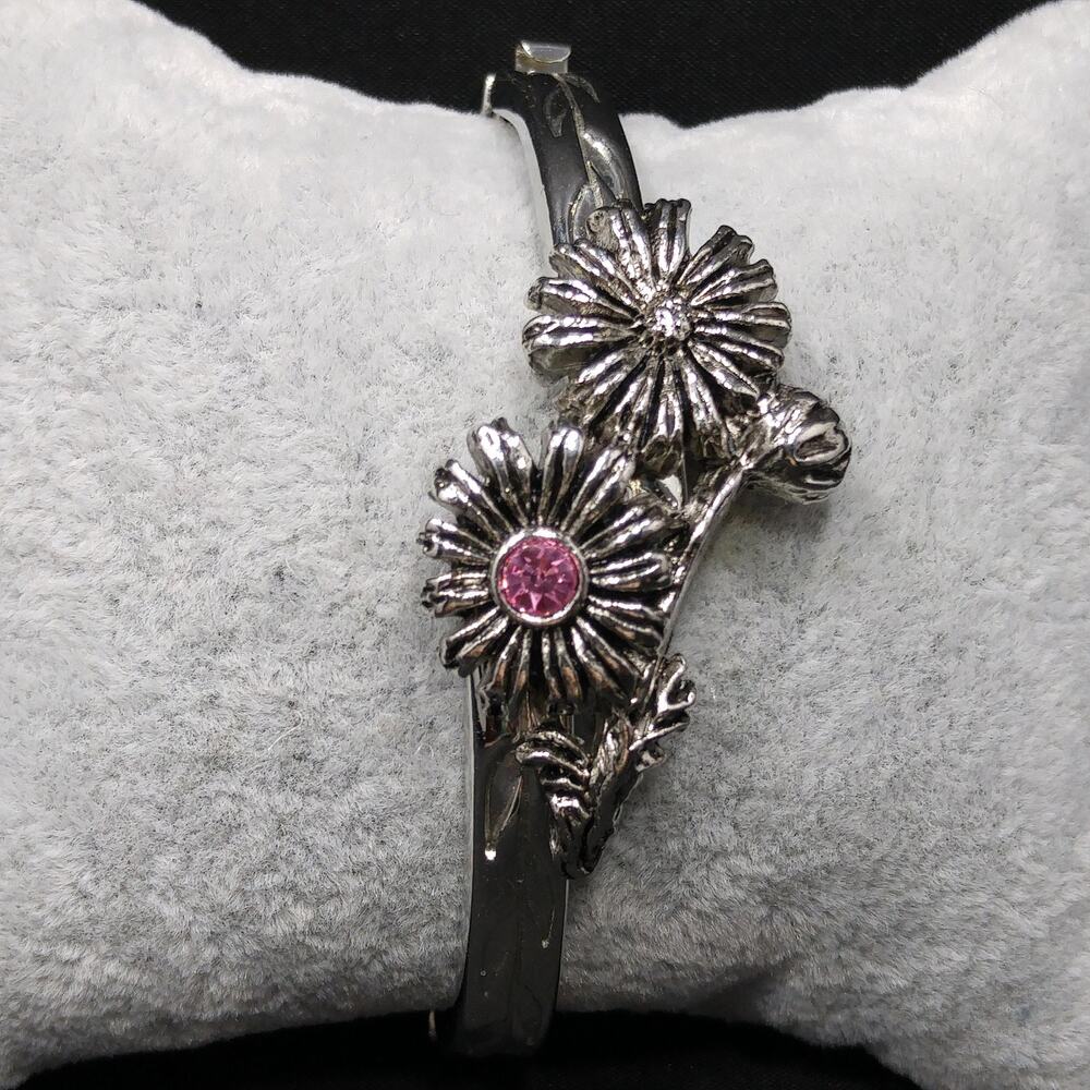 Lenox October Flower Bracelet Pink Rhinestone Silver Tone Hinged - Picture 4 of 10